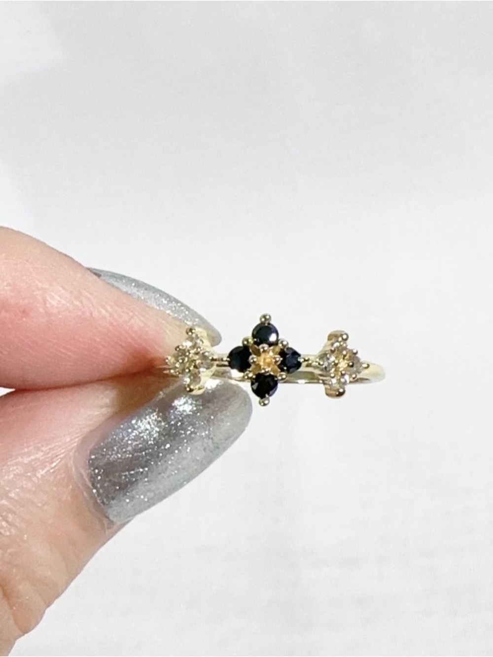 925 Stamped, 14k gold plated natural black spinal & white topaz flower ring